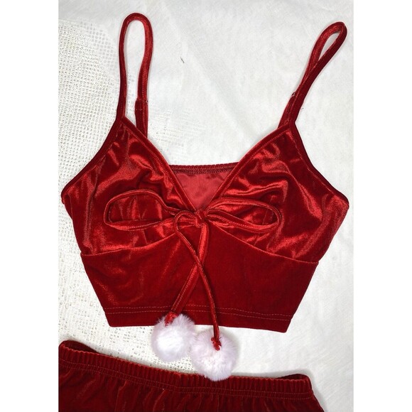 Christmas Velvet Halter Cami Top & Shorts Matching Set Womens XS Red White - Picture 2 of 8